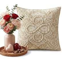 Handmade Beaded Decorative Throw Pillow Cover, Luxury Boho Accent Cushion for Couch & Bedroom, Elegant Embroidery & Pearl Embellishments, Ivory Cream and Gold 16x16 inch