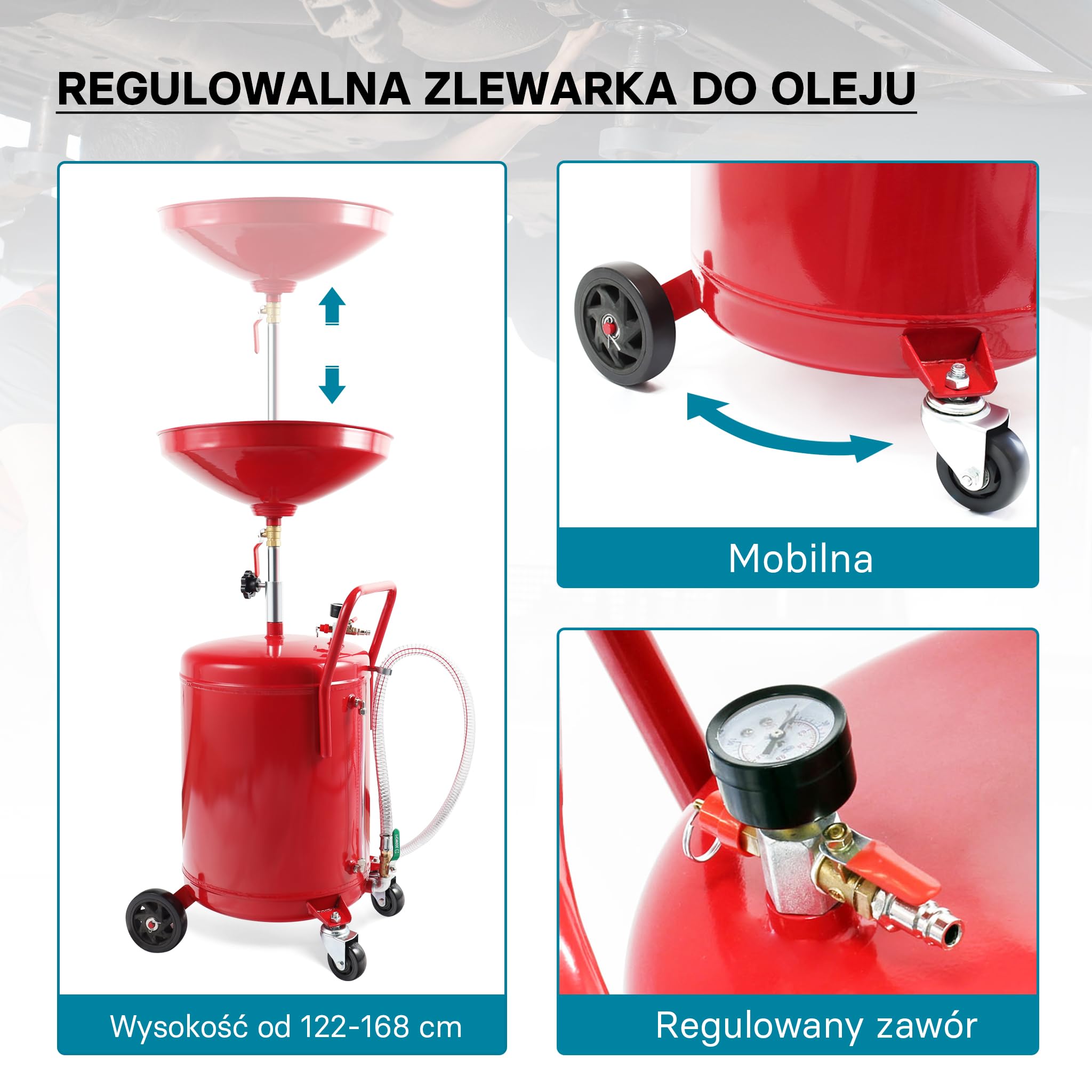 Zlewarka do oleju o pojemności 80l regulowana 122-168cm z 4 kołami opróżniane za pomocą powietrza