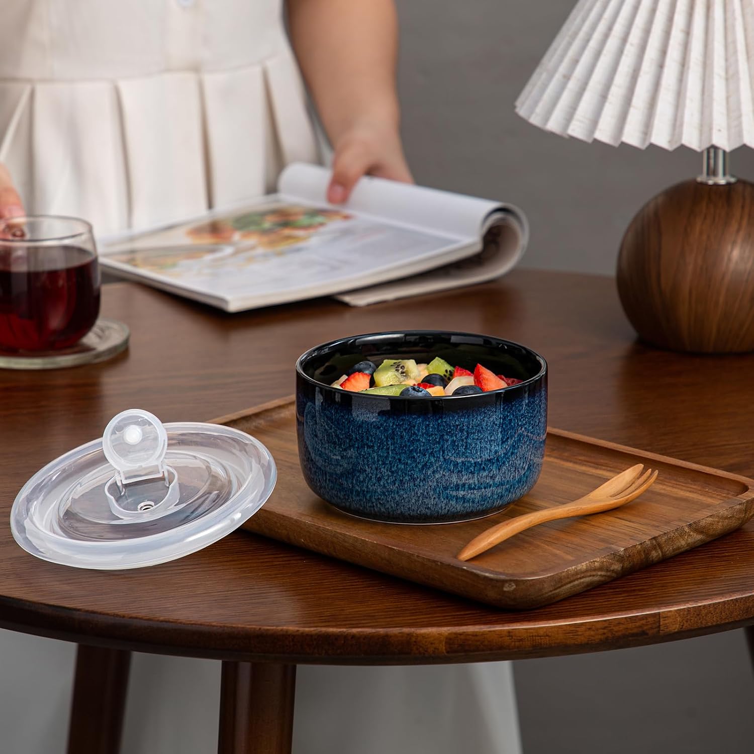 Ceramic Bowls Set with Lids: Set of 4 Microwave Safe Bowls for Soup Meal Prep Cereal Salad Fruit - Food Storage Containers with Lids for Work Lunch Pinic Camping - Glaze Blue A