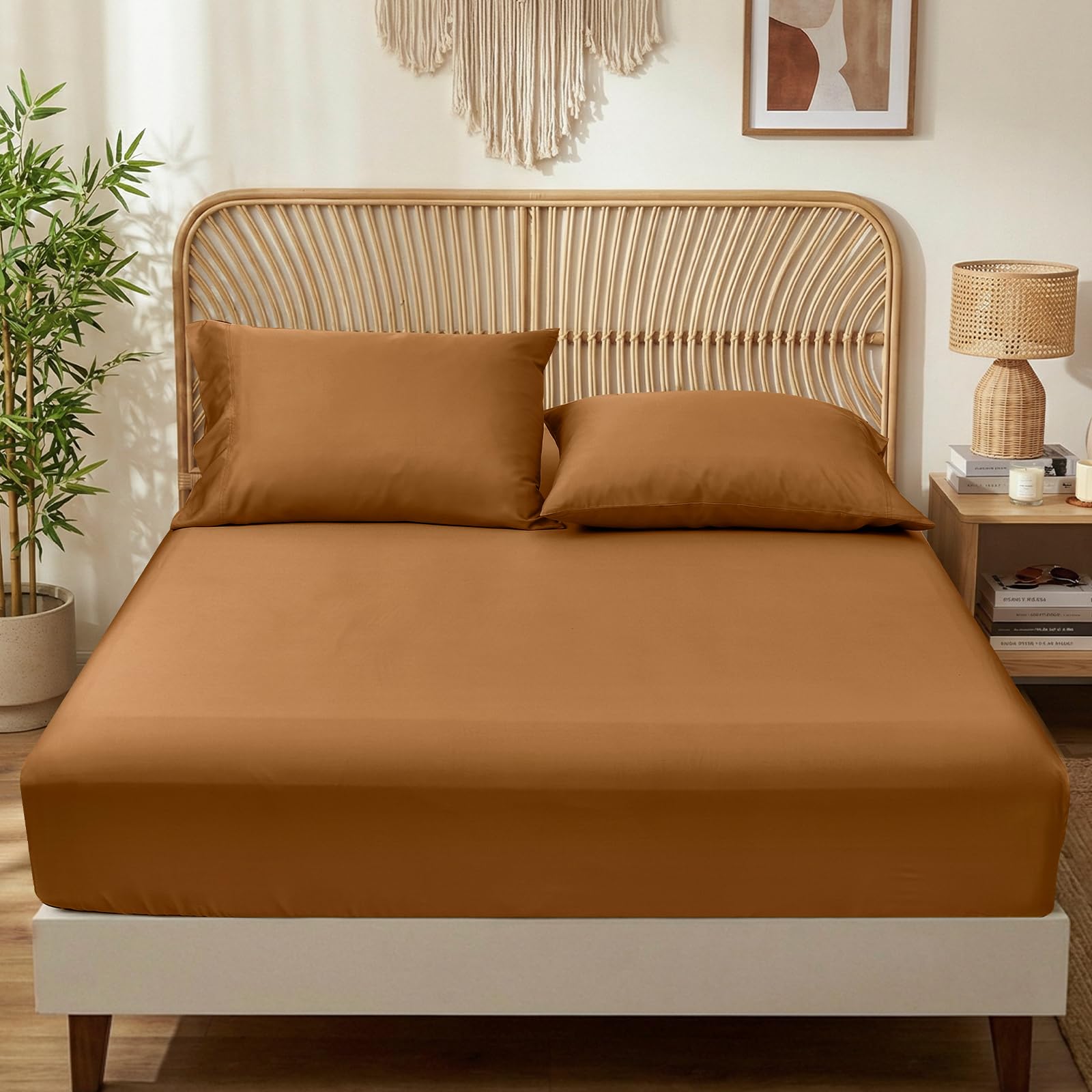 PHF 100% Rayon Derived from Bamboo Fitted Sheet Twin Size, 16" Deep Pocket,2.5cm Wider Strong Elastic Easy Fit, Breathable Silky Soft Skin-Friendly for Hot Sleeper,39"x 75",Camel,No Pillowcases