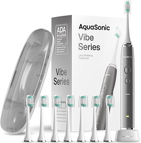 AquaSonic Vibe Series Ultra Whitening Cepillo de dientes eléctrico aceptado por la ADA 8 cabezales de cepillo y funda de viaje motor ultra sónico y