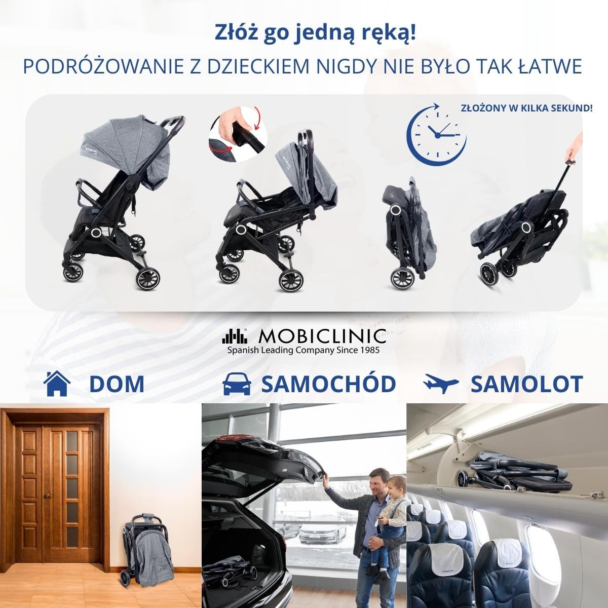 Mobiclinic® kids, Wózek spacerowy, Ultrakompaktowy, Trip, 5-punktowe pasy bezpieczeństwa, Pałąk do przenoszenia, Koszyk, 0-36 miesięcy, Pełna regulacja, Pojedyncza rączka, Składana maska