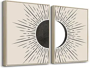 SERIMINO Black and White Wall Art Framed, Boho Canvas Wall Art for Living Room, Set of 2 Sun and Moon Painting Prints for Bedroom Decor Aesthetic,20 x28 inch