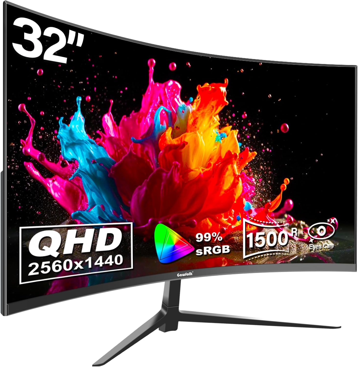 Gawfolk 2K Curved Monitor, 32 Inch QHD 2560x1440p 75Hz, Flicker-Free, HDMI 2.0, DP 1.4, Frameless 1500R Screen PC Monitor