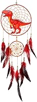 Basumee Red Dinosaur Dream Catcher for Kids - Handmade Feather Wall Hanging with Double Ring, Boys Nursery Bedroom Decor