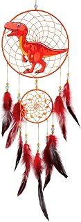 Basumee Red Dinosaur Dream Catcher for Kids - Handmade Feather Wall Hanging with Double Ring, Boys Nursery Bedroom Decor