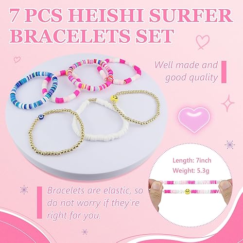 Miniatura 4 de Set de bolsa de maquillaje a cuadros Preppy con 7 pulseras Heishi y 50 pegatinas rosas, linda bolsa de viaje para cosméticos, regalos perfectos para