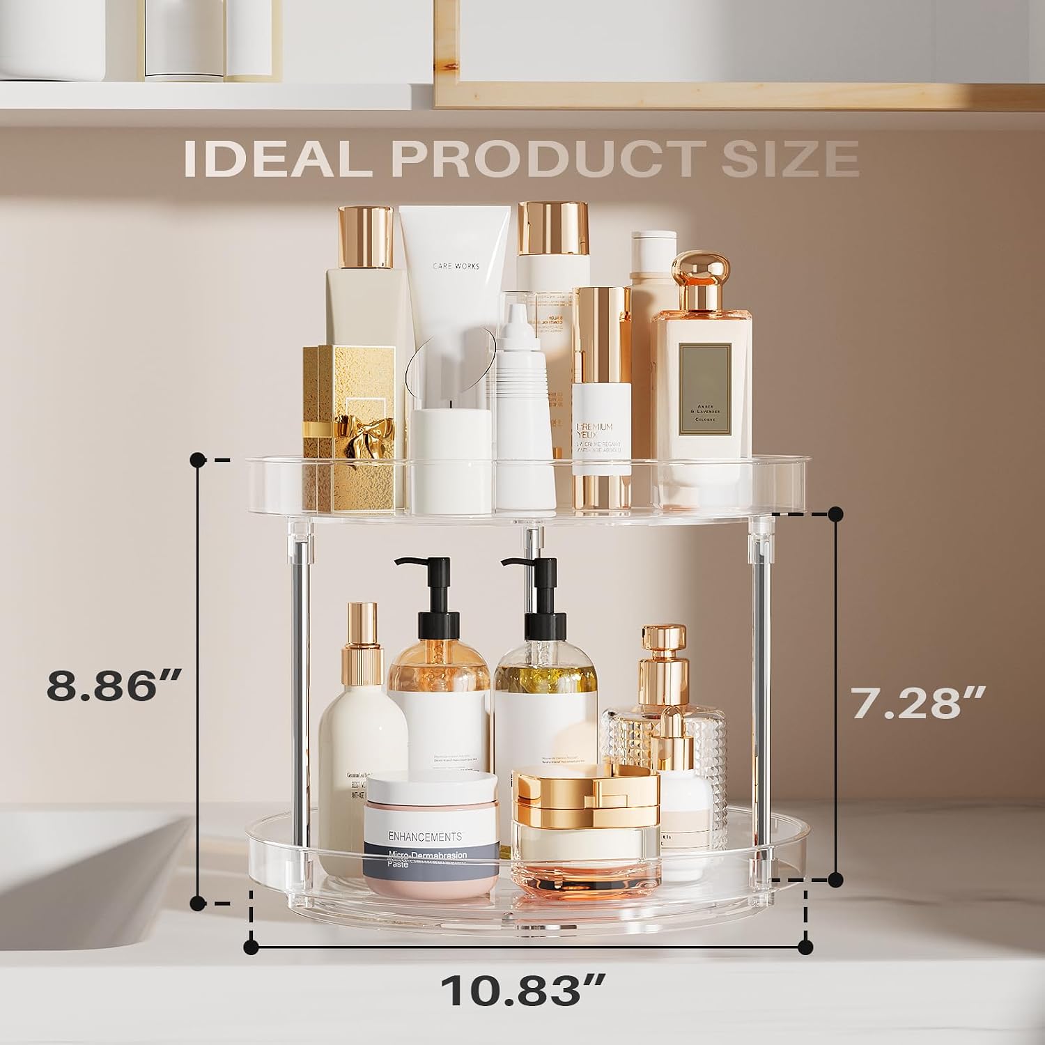 2 Pack 10.6-Inch 2 Tier Lazy Susan Organizer, 360 Degree Rotating Clear Turntable for Cabinet, Makeup and Perfume Organizer for Vanity, Kitchen, and Bathroom Counter Tray