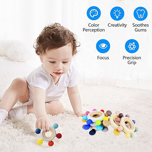 Miniatura 30 de Juguetes de dentición para bebés, mordedores de silicona, sin BPA, timón de silicona con anillo de madera para calmar las encías de los bebés