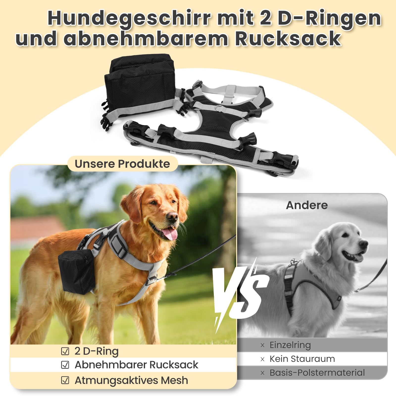Hundegeschirr mit Rucksack (Abnehmbar) - Wasserdichter Wanderrucksack für Mittel/Große Hunde - Atmungsaktives Mesh, Verstellbar & Robust - Ideal für Labrador, Schäferhund, Camping & Reisen