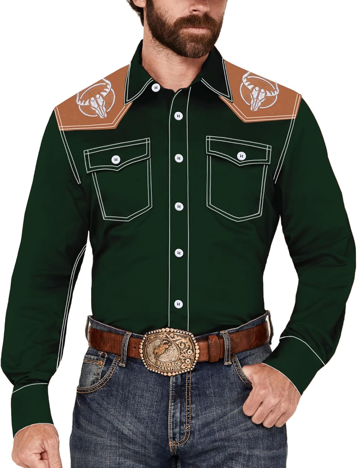ZSJR Men's Western Cowboy Shirt Long Sleeve Embroidered Casual Button Down Shirt