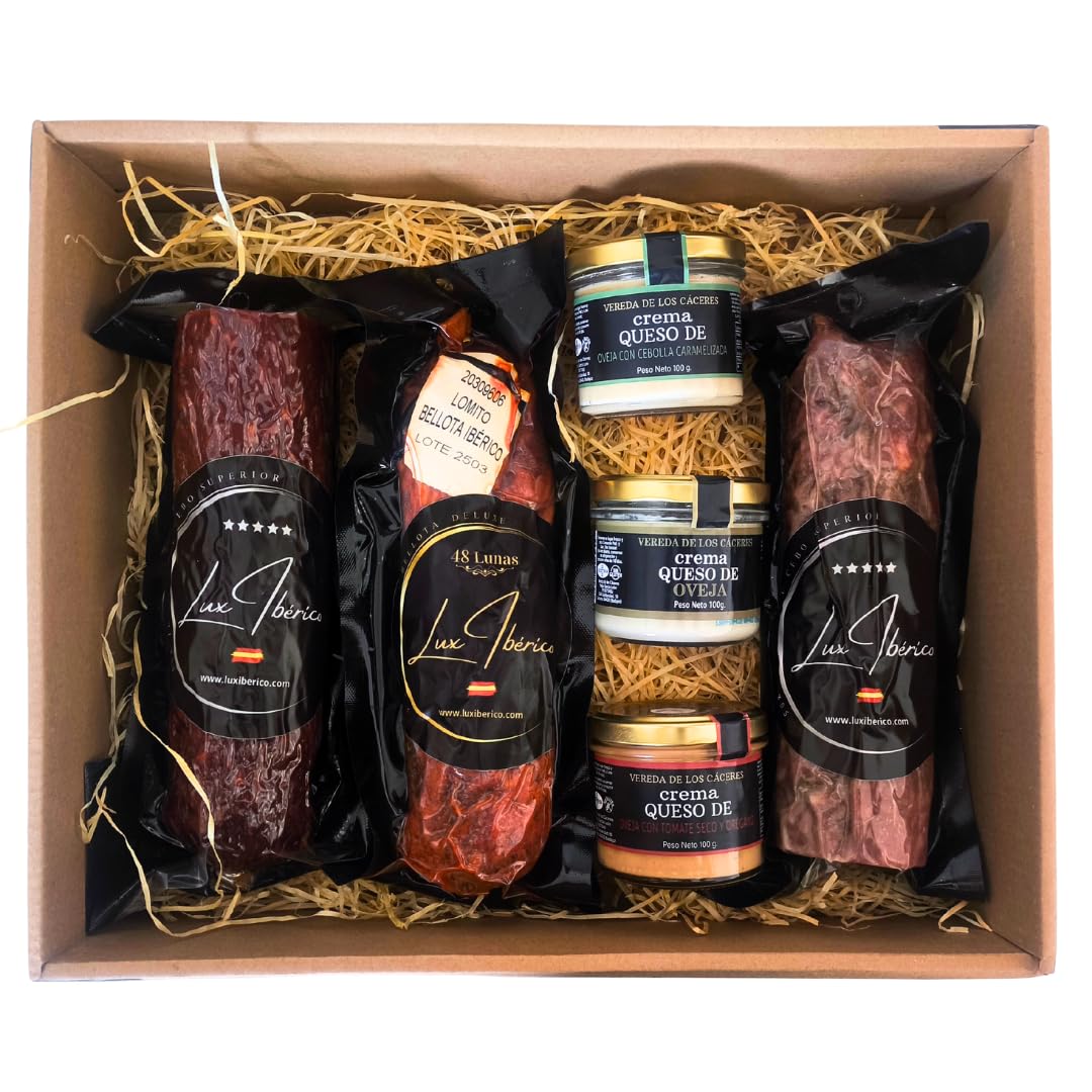LUX IBÉRICO - Cesta Olissipo, Cremas de Queso y Embutido Ibérico | Cesta gourmet con 3 cremas de queso, velón de chorizo y salchichón ibérico y lomito de bellota, 2,5Kg