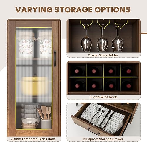 Miniatura 6 de LOKO Armario de barra de café de granja con puerta de vidrio templado, soporte de vidrio de 3 filas y estante para vino de 8 rejillas, aparador de