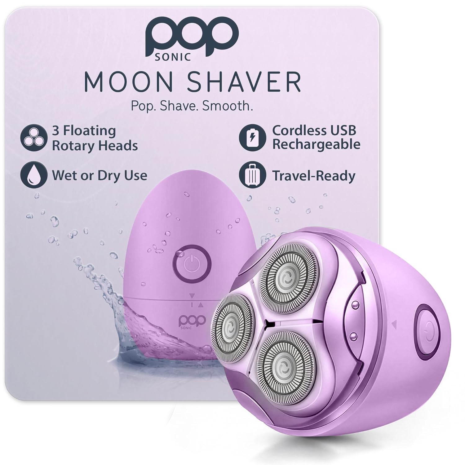 Pop Sonic Moon Shaver (Lavender) - Face & Body Shavers for Men & Women - 3 Floating Rotary Heads Face Shaver w/Removable Cap - Long Lasting Lithium-ion Battery Portable Electric Shaver & Leg Shaver