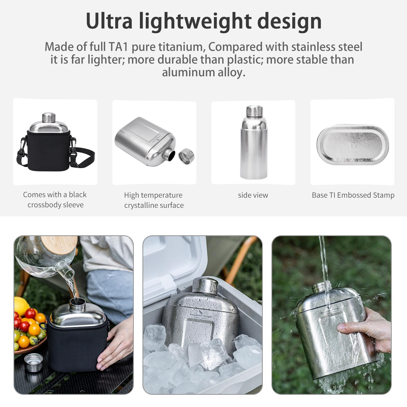 iBasingo Titan Feldflasche 1100ml Camping Trinkflasche, Silber Ti3012D | Ultraleicht mit Auslaufsicherem Deckel & Umhängehülle, Feuerfest für Outdoor Wandern, Trekking, Picknick, Bushcraft