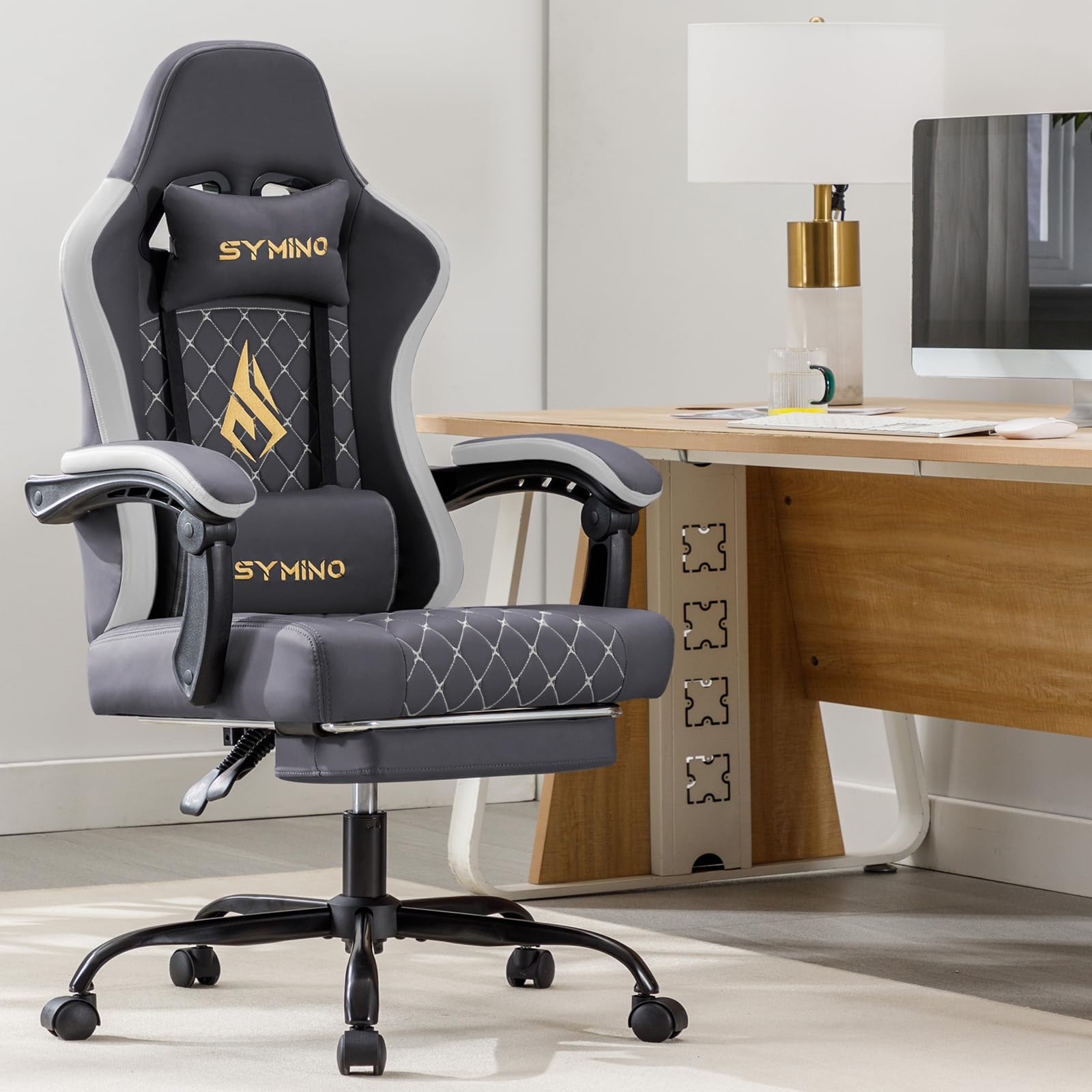 Symino Silla Gaming Ergonómica con Asiento de Espuma Alta Densidad – 150 kg, Reclinable con Soporte Lumbar, Reposabrazos Ergonómicos, Giratoria 360° para Oficina y Escritorio