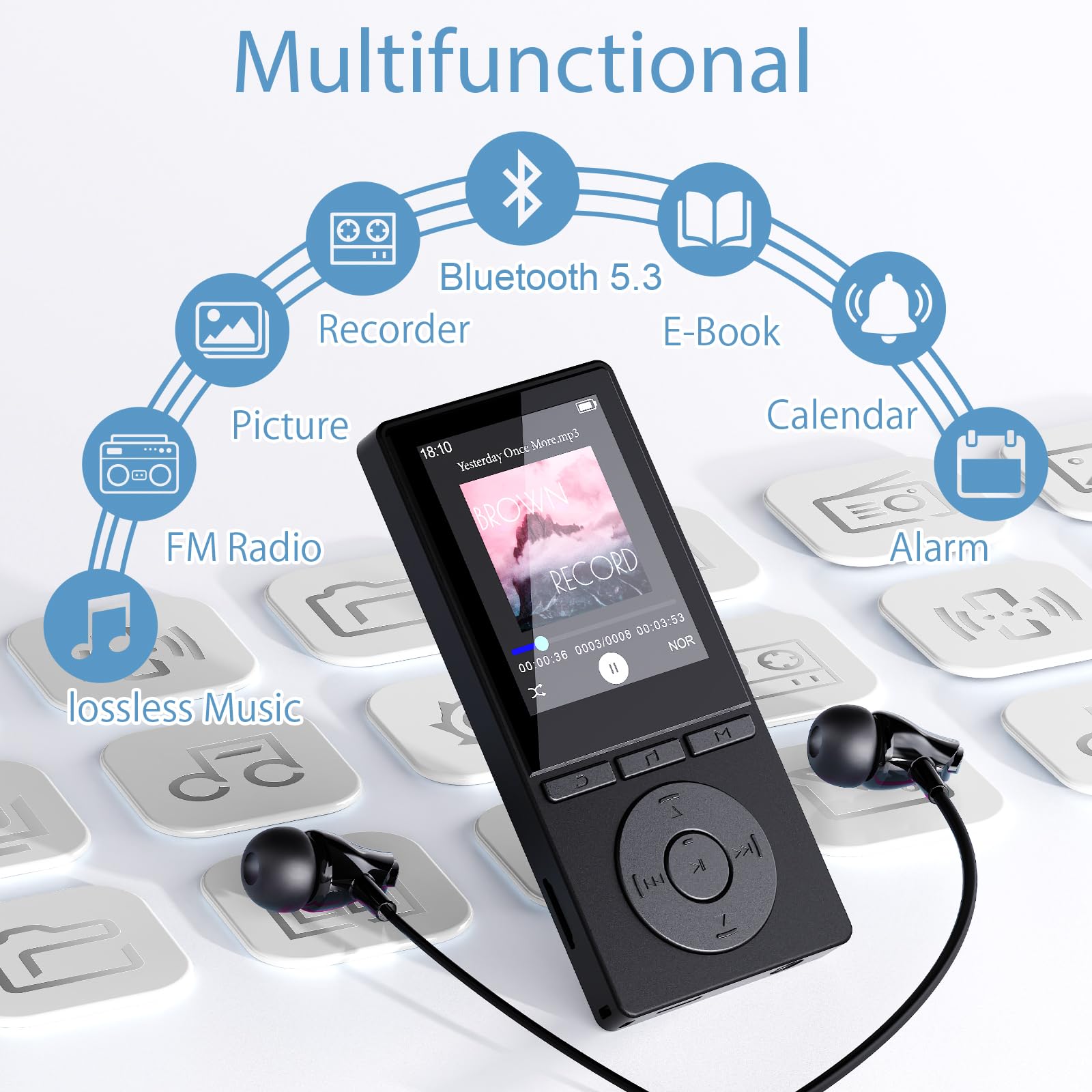 Lettore MP3 da 64 GB con Bluetooth 5.3, lettore musicale HiFi, auricolari inclusi, scheda TF inseribile, nero