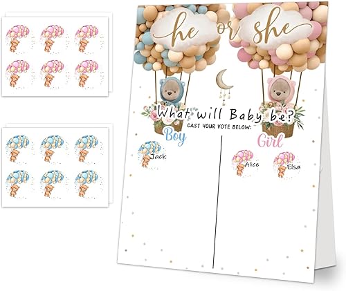 Suministros para fiesta de revelación de género para bebé, juegos de revelación de género, tablero de votación con soporte, 48 calcomanías de oso