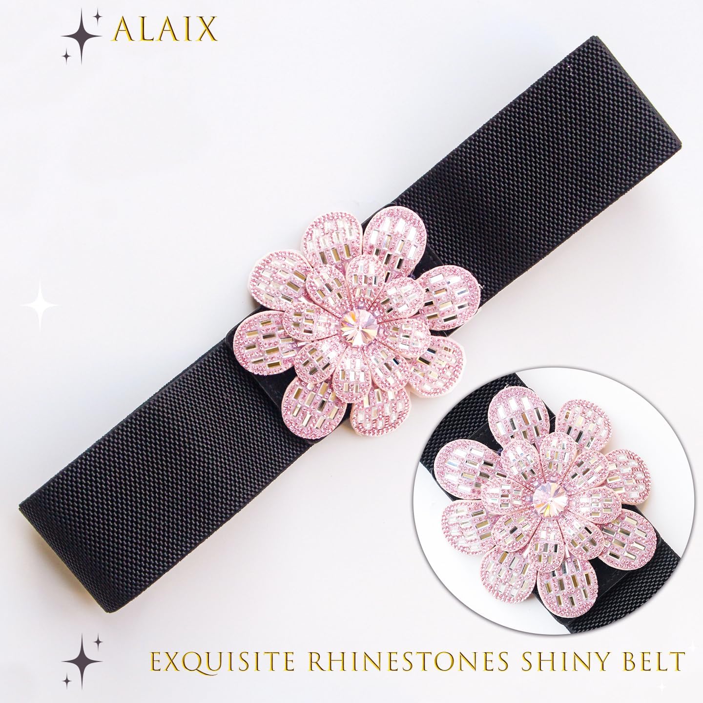 ALAIX Women's Belt Shiny Flower Buckle Bling Stretchy Wide Dress Belts for Women Sparkle Rhinestone Elastic Waistband image 4