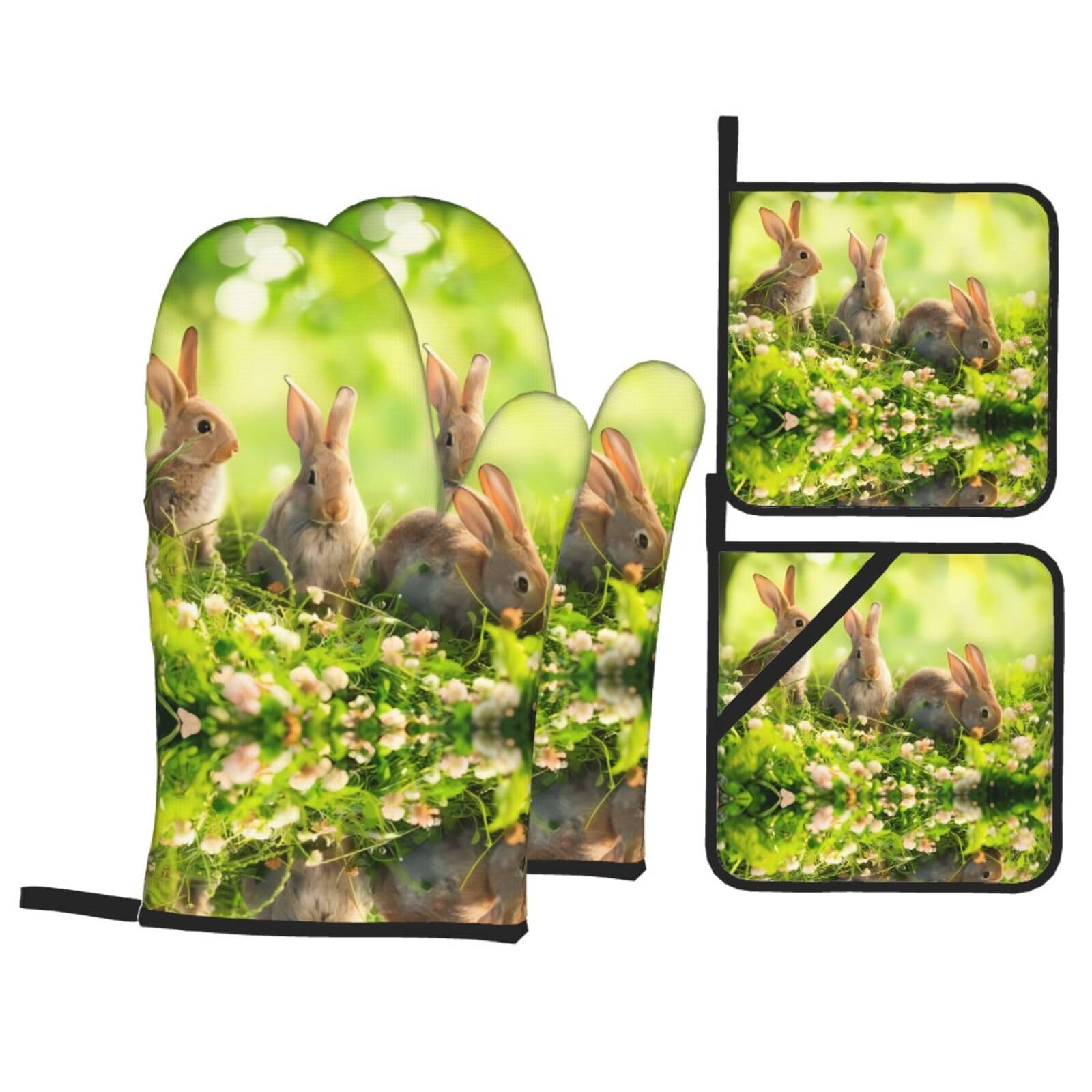 WHJSHOP Funny Rabbits Prints Oven Mitts & Pot Holders Set - Waterproof Kitchen Layers & Heat Resistant - Durable Covers for Safe Cooking & Easy Cleanup