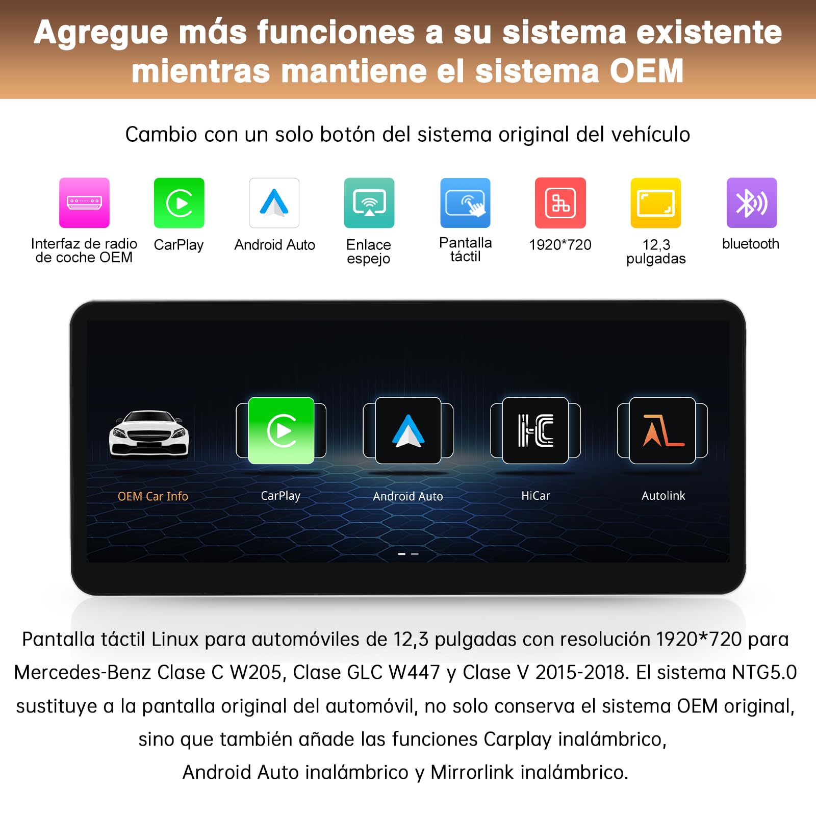 Pantalla táctil inalámbrica Carplay/Android de 12,3" para Mercedes-Benz C GLC V Clase W205 W447 2015-2019 NTG5.0 Receptor de Audio Multimedia estéreo para Coche
