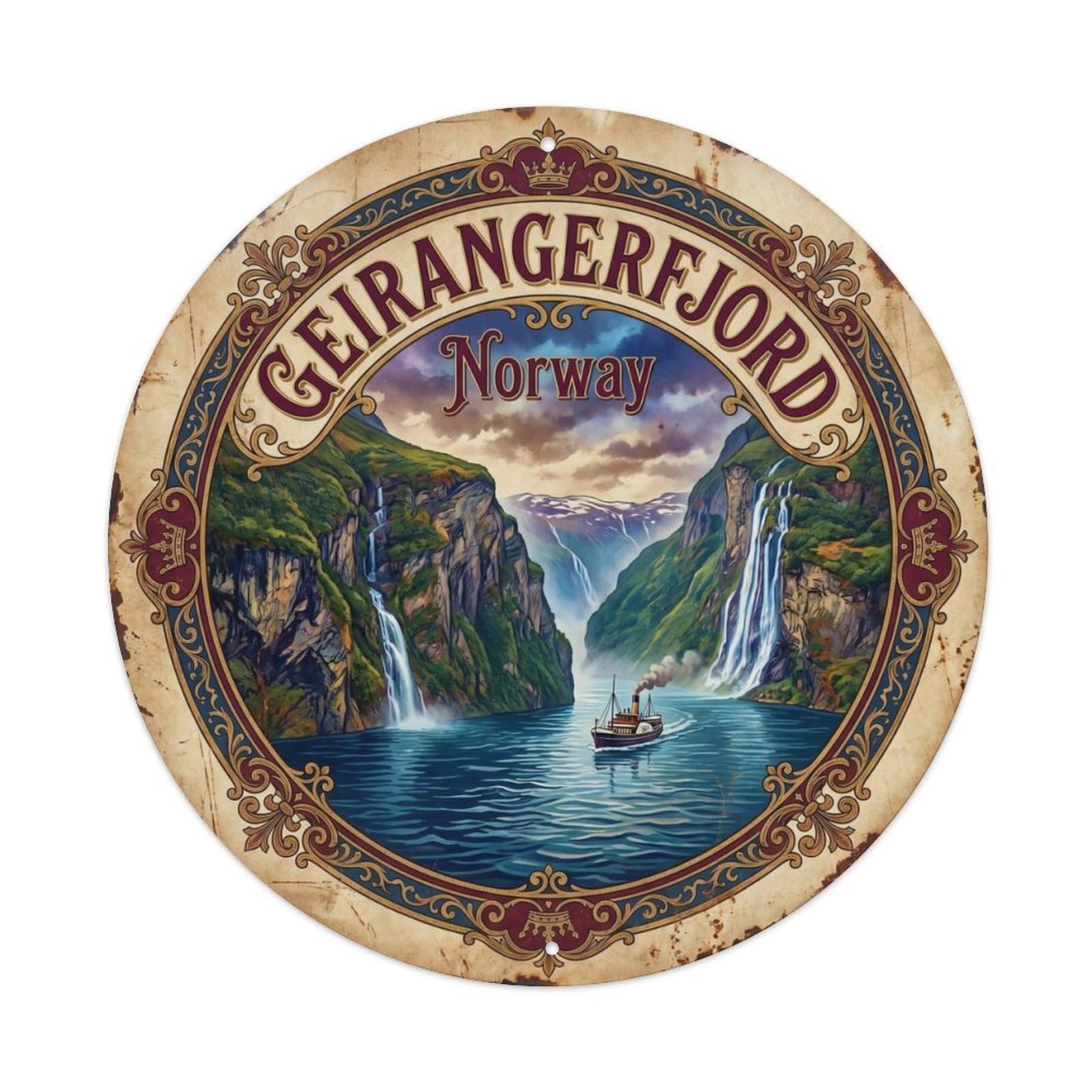 Vintage Travel Geirangerfjord Norway Fjord 1 Metal Tin Sign Plaque Wall Decor for Cafe, Club, Garden Round Metal Poster 8x8Inch