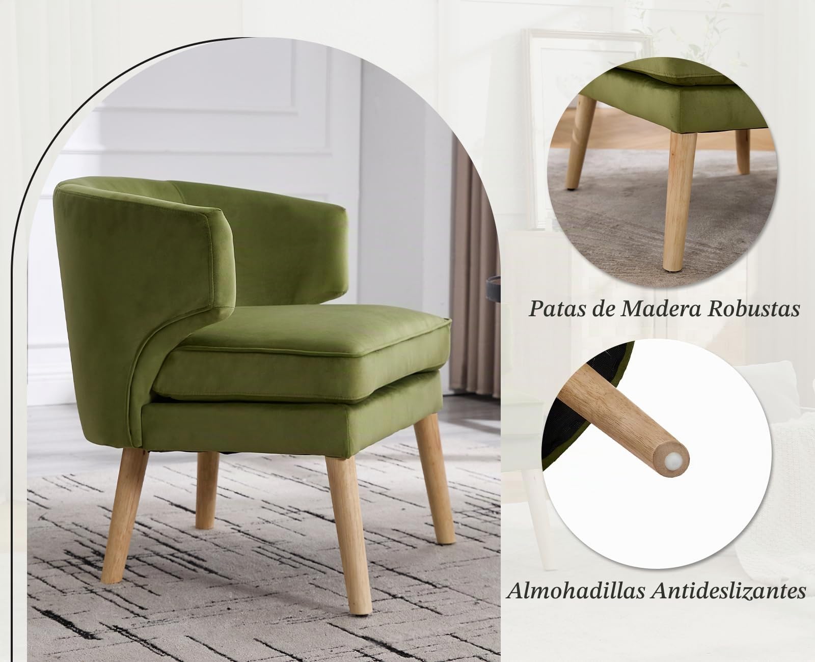 chairus Sillón de Lectura con Patas de Madera Butaca de Estilo Nórdic, Sillón de Terciopelo con Respaldo y Brazos de Forma Redondeada para Salón/Dormitorio,Verde