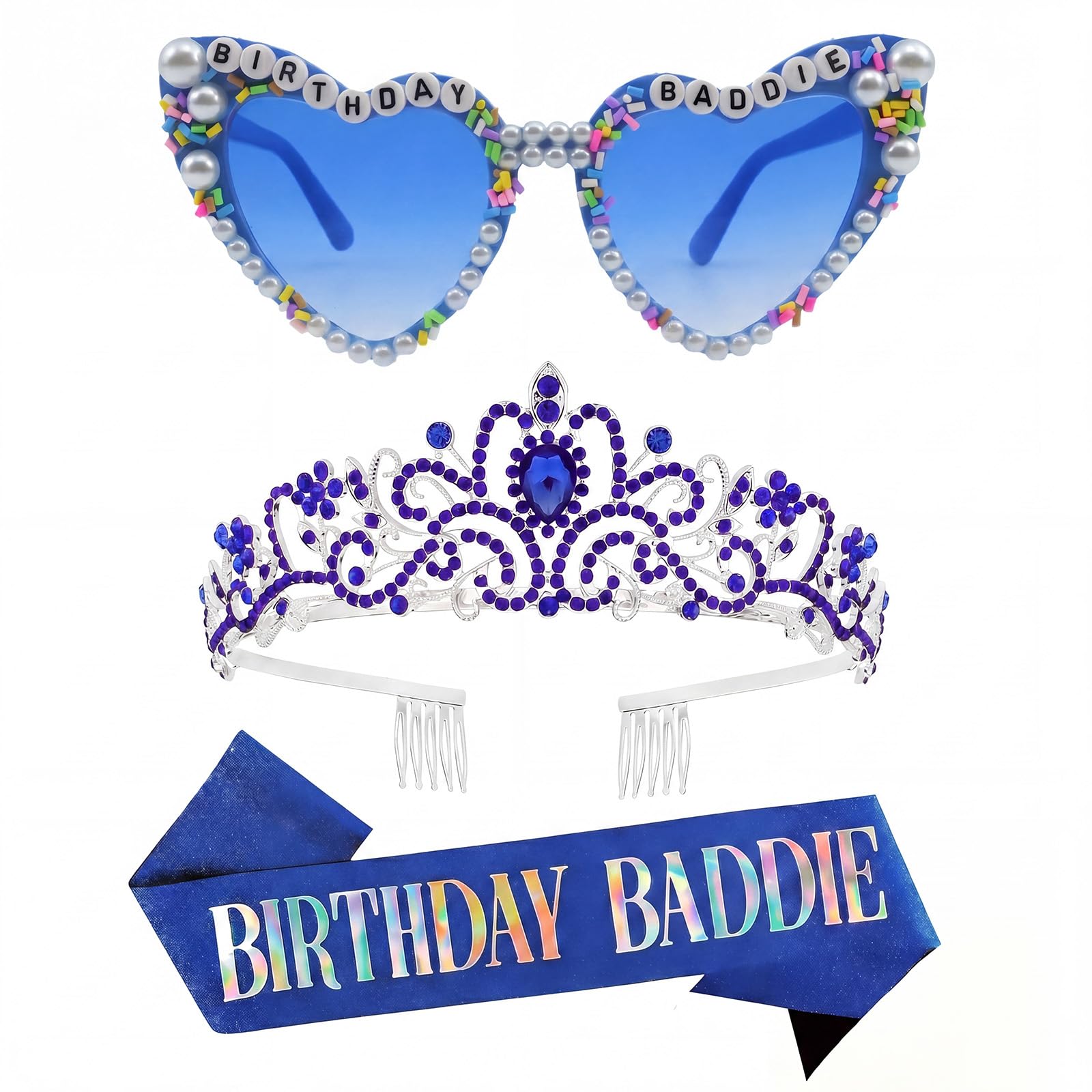 3-piece set of elegant princess hair accessories, and sashes, Blua