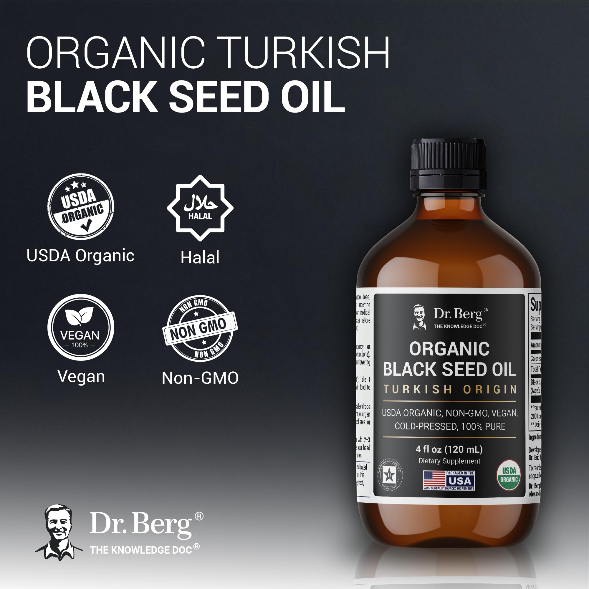 Dr. Berg Black Seed Oil Organic Cold Pressed – Pure Nigella Sativa Black Cumin Oil – USDA Organic, Halal, Vegan – for Hair, Skin, Immune Support – Unrefined Liquid – 4 oz Glass Bottle — Amazon image 2