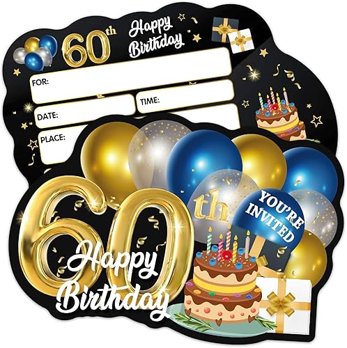 ERHACHAIJIA 20 tarjetas de invitaciones rellenas en forma de pastel y globos azules y dorados con sobres, divertidas invitaciones de cumpleaños 60