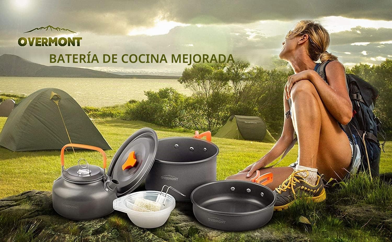 OVERMONT 14Pcs Kit de Utensilios Cocina Camping Olla Sartén Tetera Vajilla para Acampada Senderismo Excursión al Aire Llibre de Aluminio