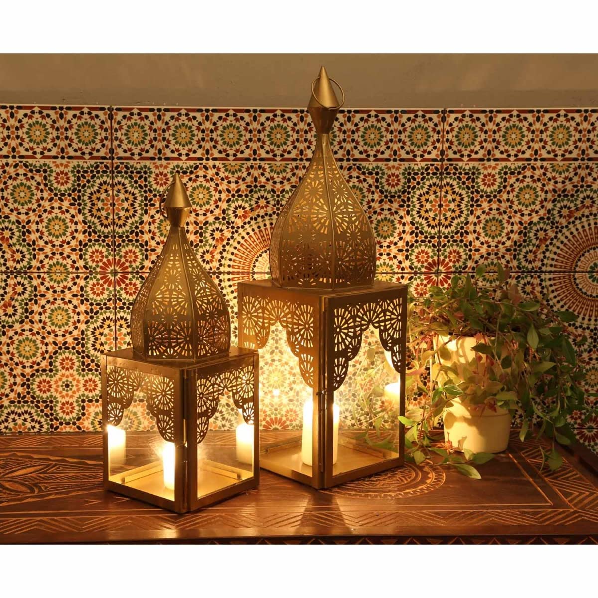 Casa Moro Lanterne orientale dorée Lot de 2 en verre et métal Forme minaret Lanterne marocaine en verre Bougeoir Photophore Décoration intérieure Modena L&M IRL645