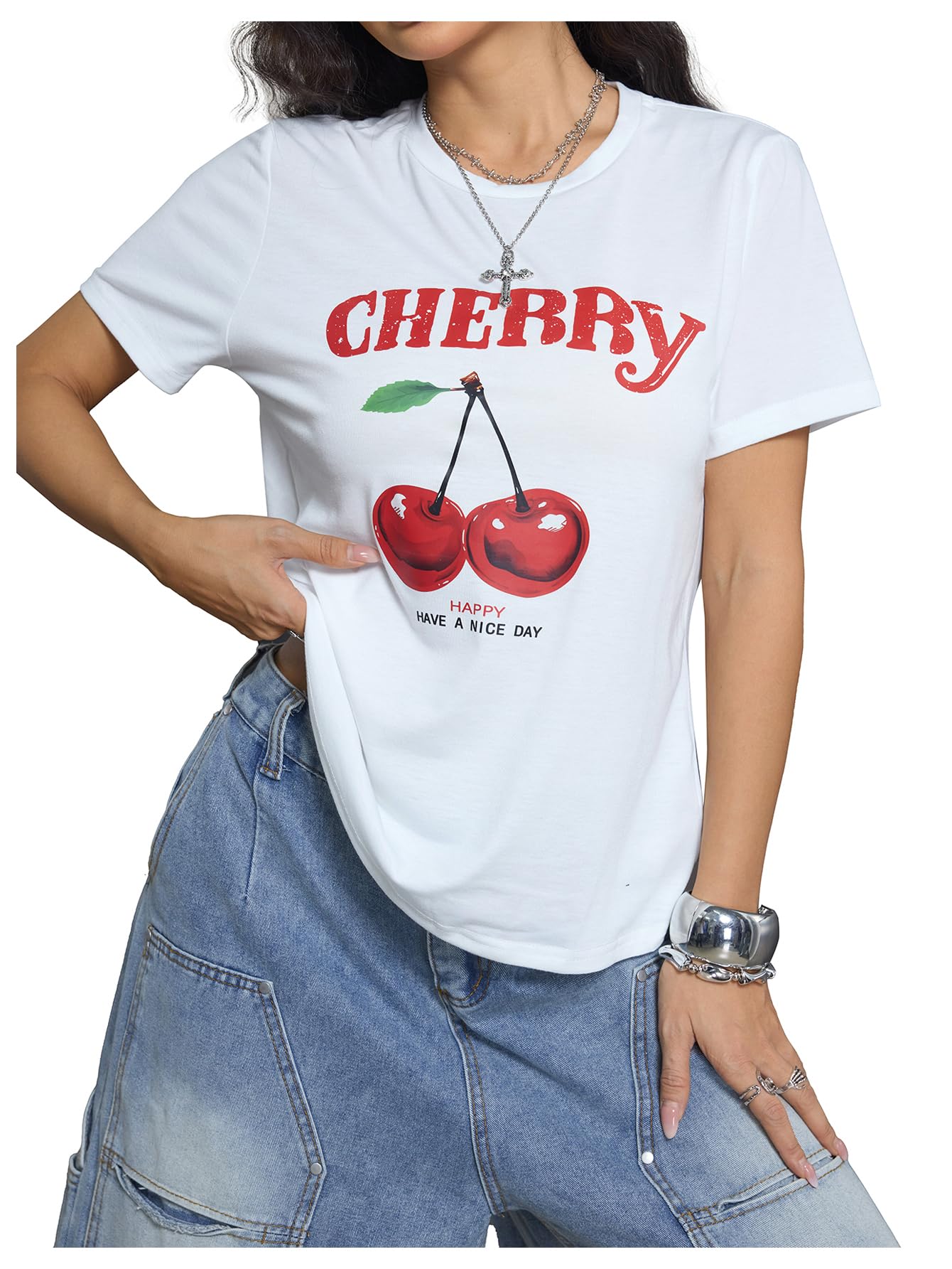 WDIRARA Women's Cherry Print T Shirt Letter Graphic Tee Shirt Crewneck Short Sleeve Top