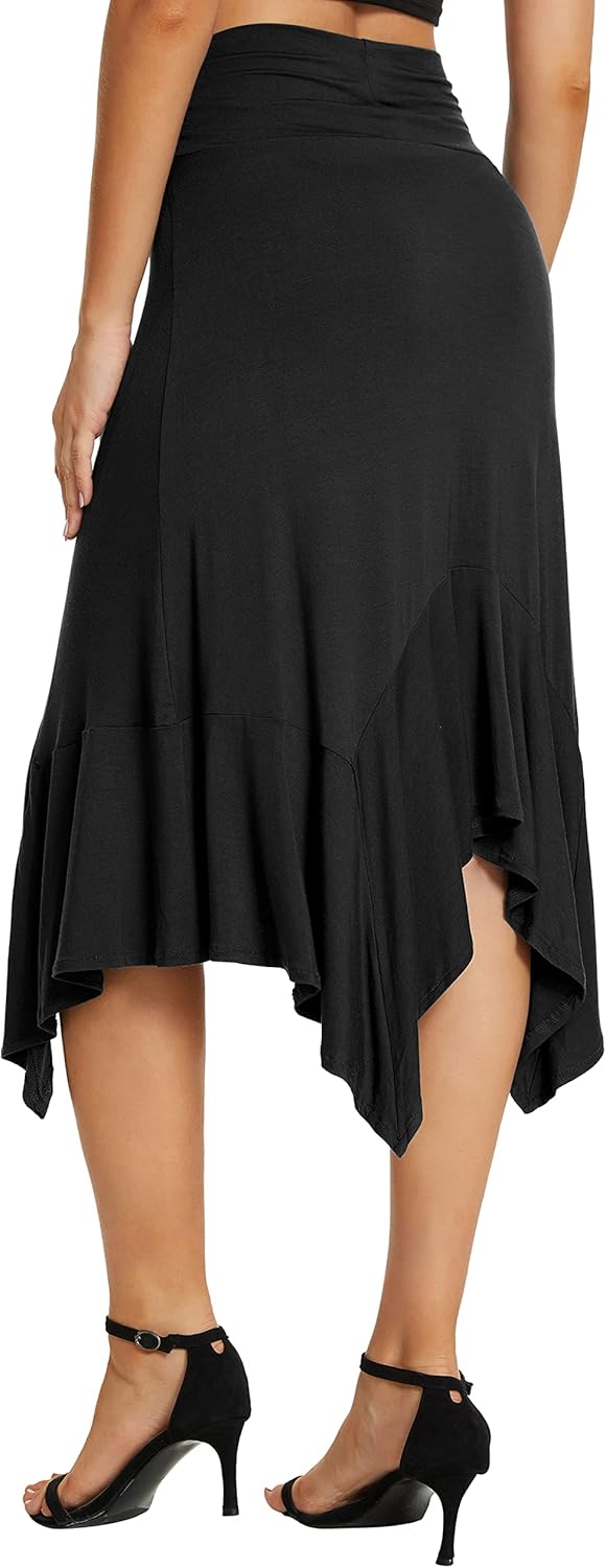 Urban CoCo Women's Flowy Stretchy Skirt Handkerchief Hemline Midi Skirt Small Black