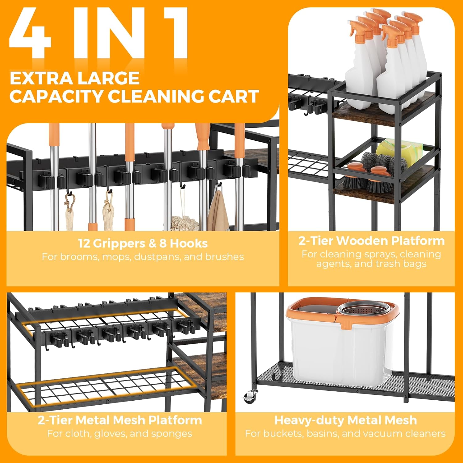 Broom Holder Cleaning Cart with Cleaning Supplies Organizer – 12 Grippers, 8 Hooks, 2 Mesh & 2 Board Racks, Large Grid Base, 4 Wheels – Rolling Storage for Home Laundry Room Organization