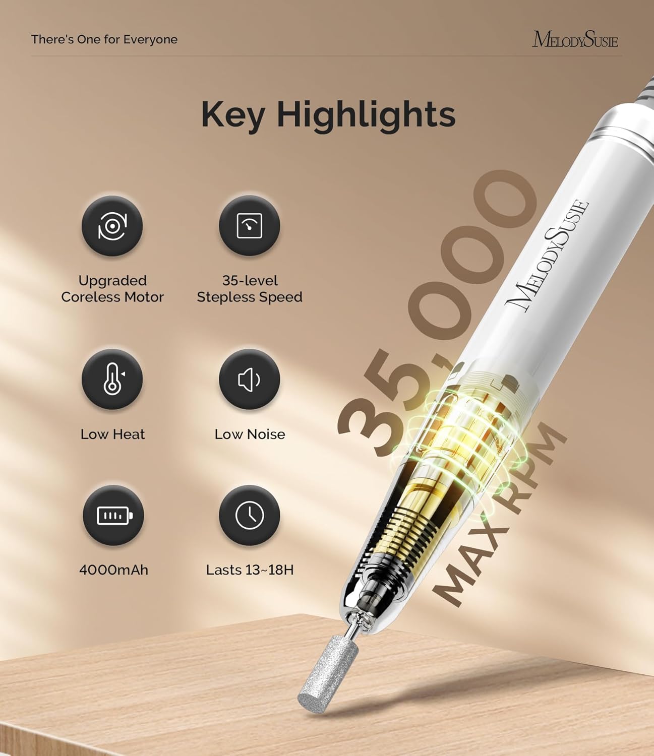 MelodySusie Professional Clip-On High-Efficiency Nail Drill, MM400C 35000RPM Rechargeable Electric File with Lightweight Handpiece for All Manicure Shaping, Polishing, Gel Removal & Salon Use