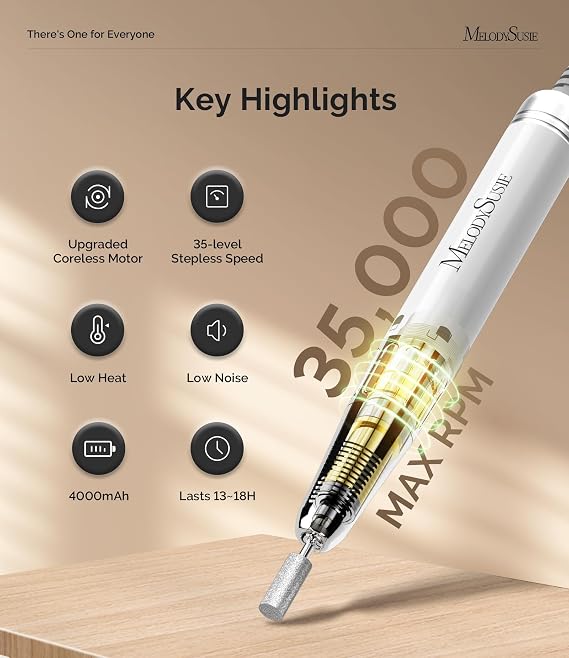 MelodySusie Professional Clip-On High-Efficiency Nail Drill, MM400C 35000RPM Rechargeable Electric File with Lightweight Handpiece for All Manicure Shaping, Polishing, Gel Removal & Salon Use