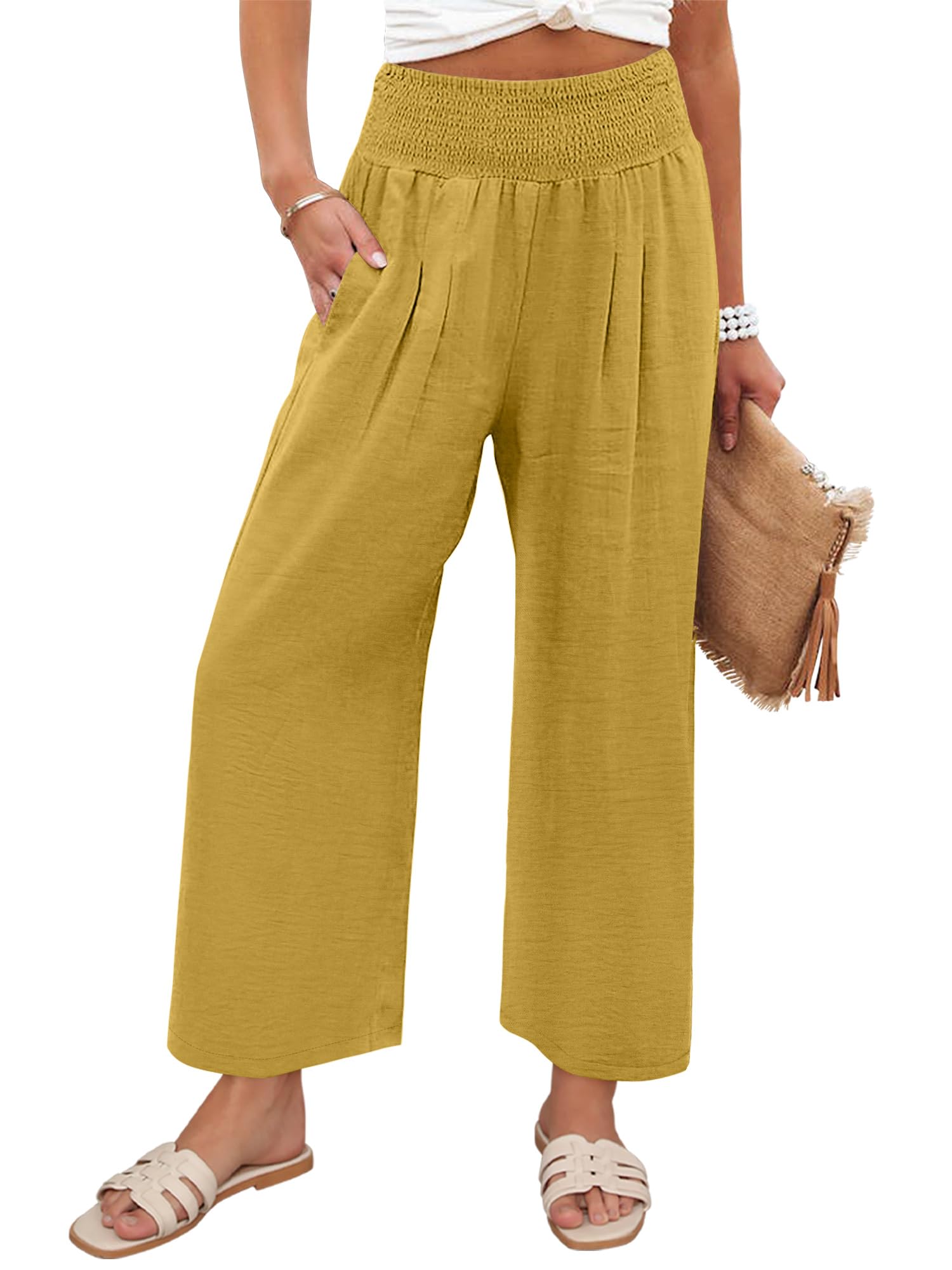 Angerella Womens Wide Leg Pants Casual High Waisted Palazzo Pants Summer Flowy Beach Lounge Trousers with Pockets