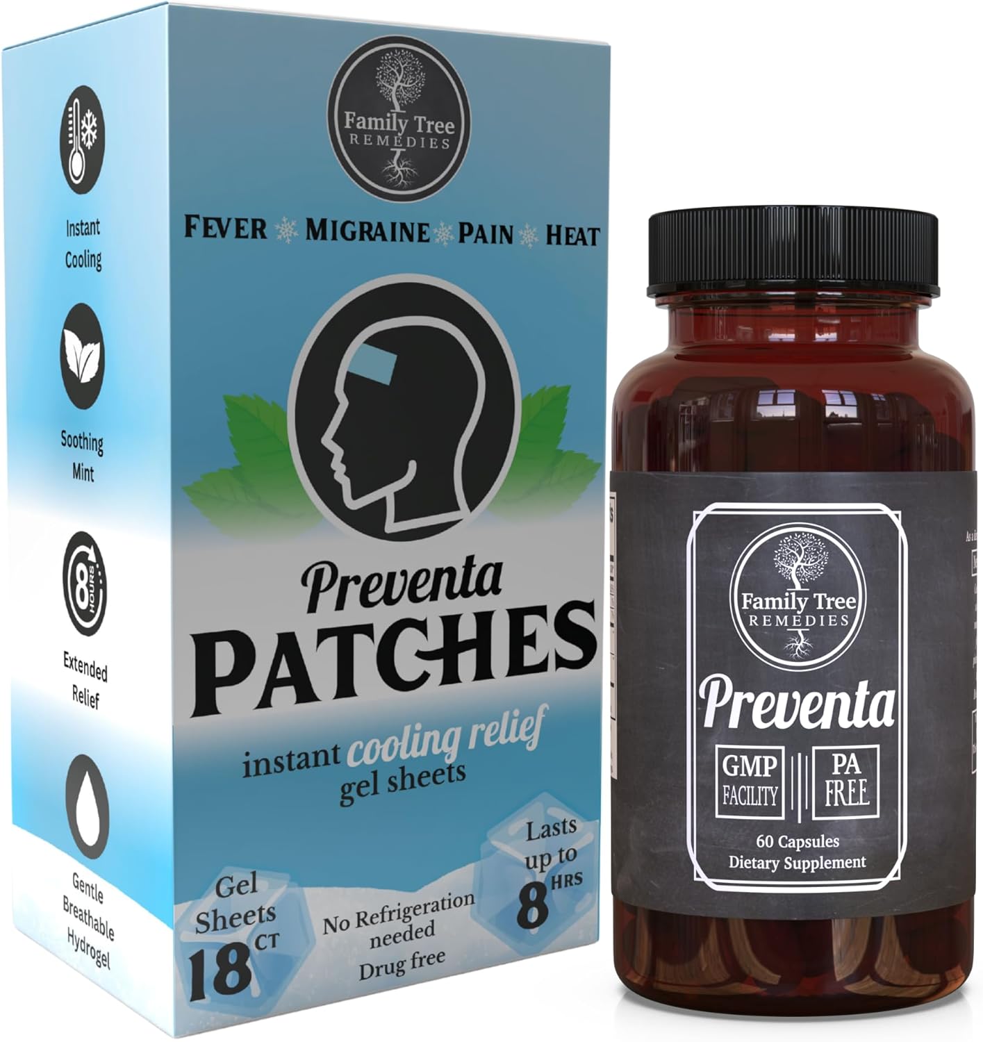 Migraine Relief Bundle – Preventa Daily Supplement with PA-Free Butterbur, Magnesium, Riboflavin & Feverfew + Cooling Gel Head Strips for Headache, Fever & On-The-Spot Comfort | Preventa Patches