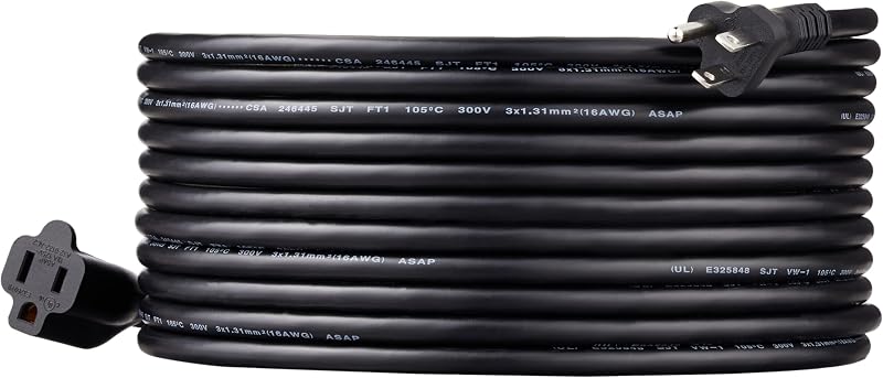 Extension Cord, 25 Ft, 3 Prong Outlet Extender, Indoor Power Cord, 13 Amps, 125V, Black