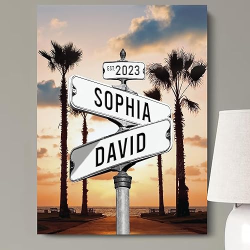Lienzo personalizado de letrero de calle vintage para parejas, arte de pared con nombre y fecha de cruce, boda, aniversario, día de San Valentín o