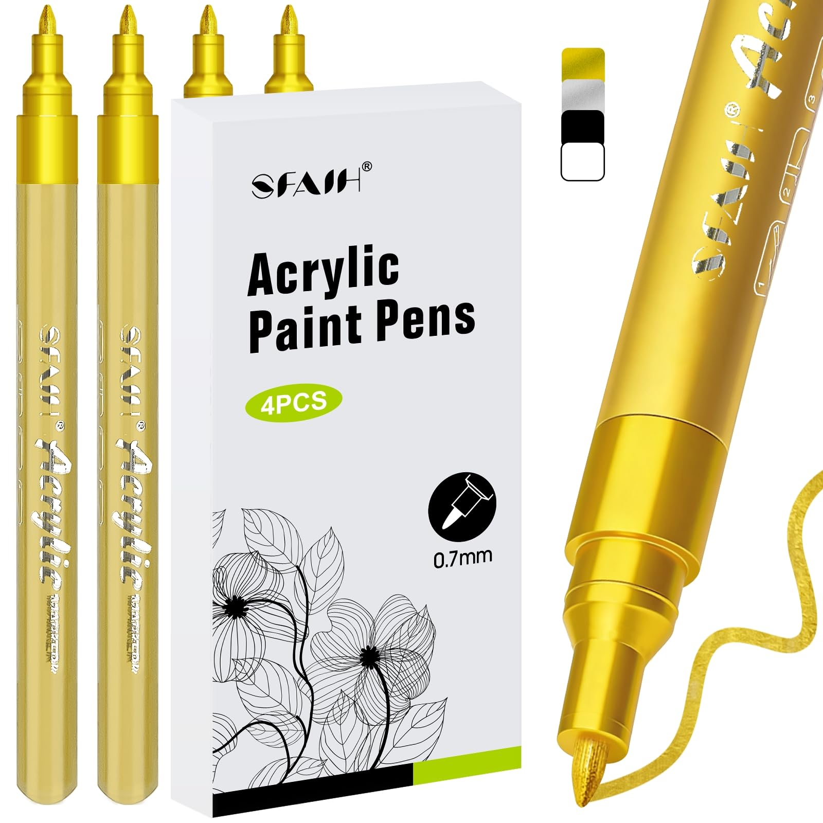 SFAIH Gold Paint Markers Pens - 4 Pack 0.7MM Fine Tip Metallic Acrylic Markers for Rock Painting, Wood, Metal, Fabric, Plastic, Canvas, Glass, Ceramic