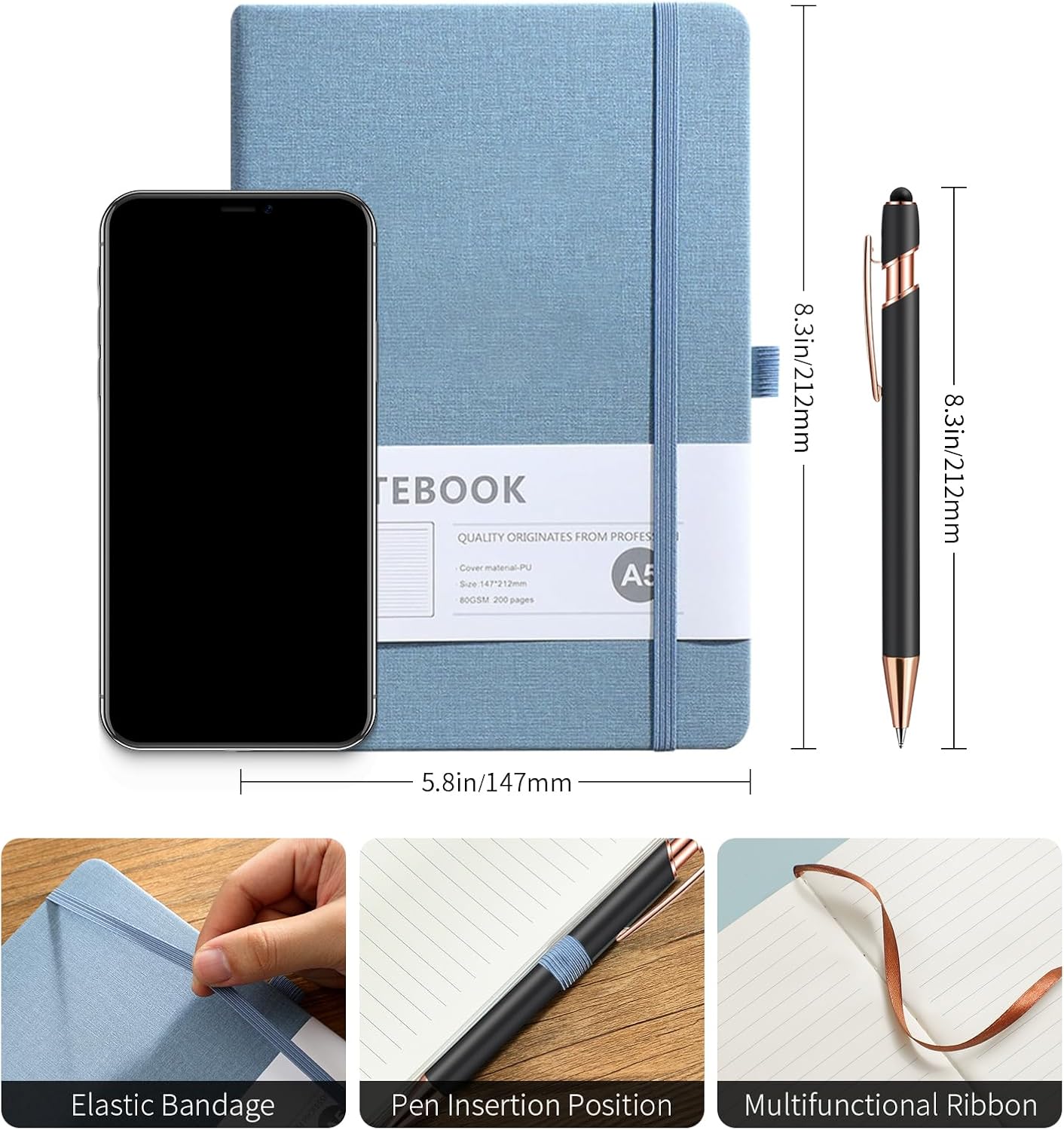 Personalized Notebook with Pen - Customizable A5 Journal Notebook Daily Journals For Writing - 5.8 x 8.3 Journal with 192 Pages 100Gsm Lined Paper for School, Travel, Business, Black - Image 2