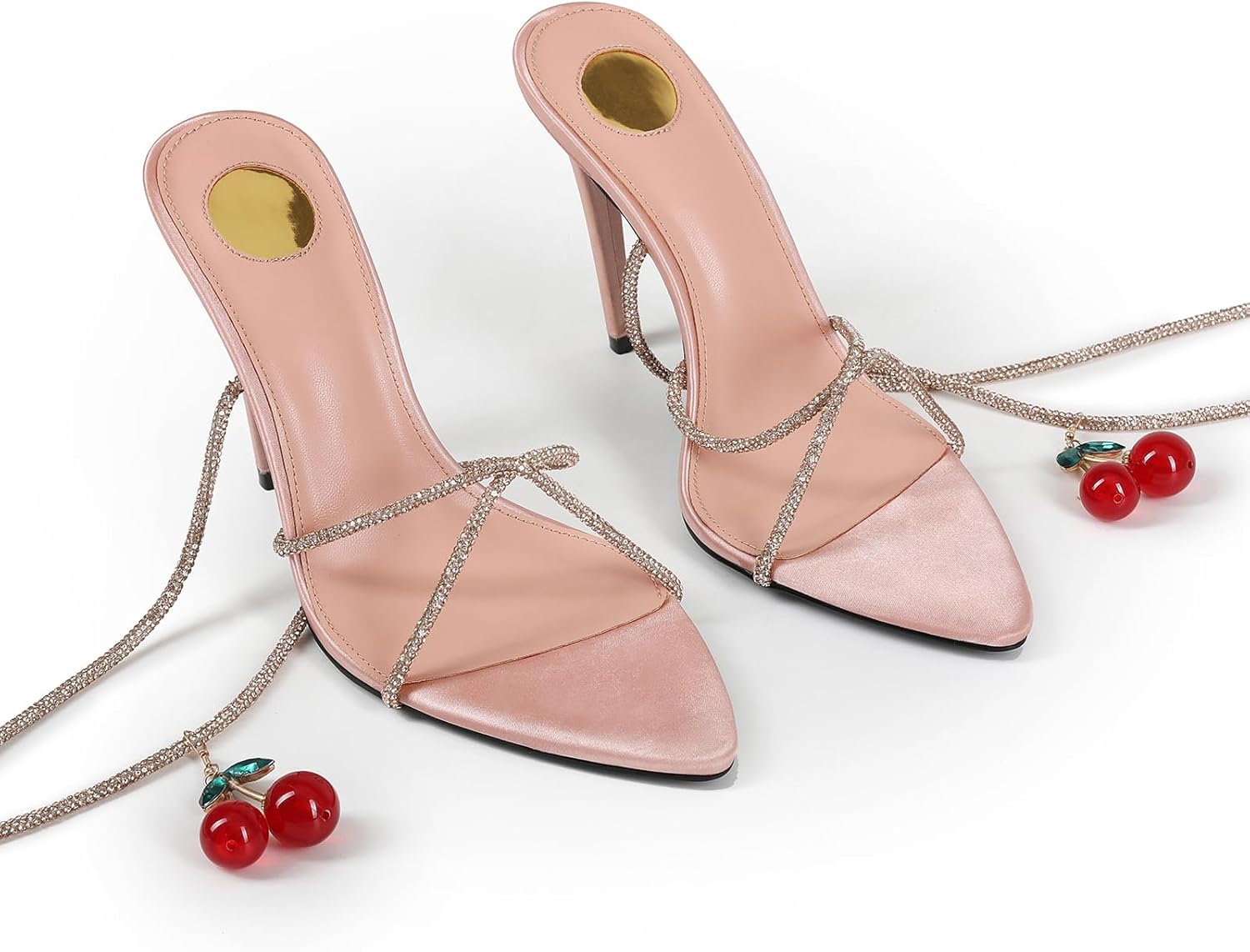 Women’s Strappy Lace Up Stiletto Heels Pointed Toe Satin High Heel Sandals Rhinestone Wrap Around Ankle Tie with Cherry Charm Party Wedding Shoes