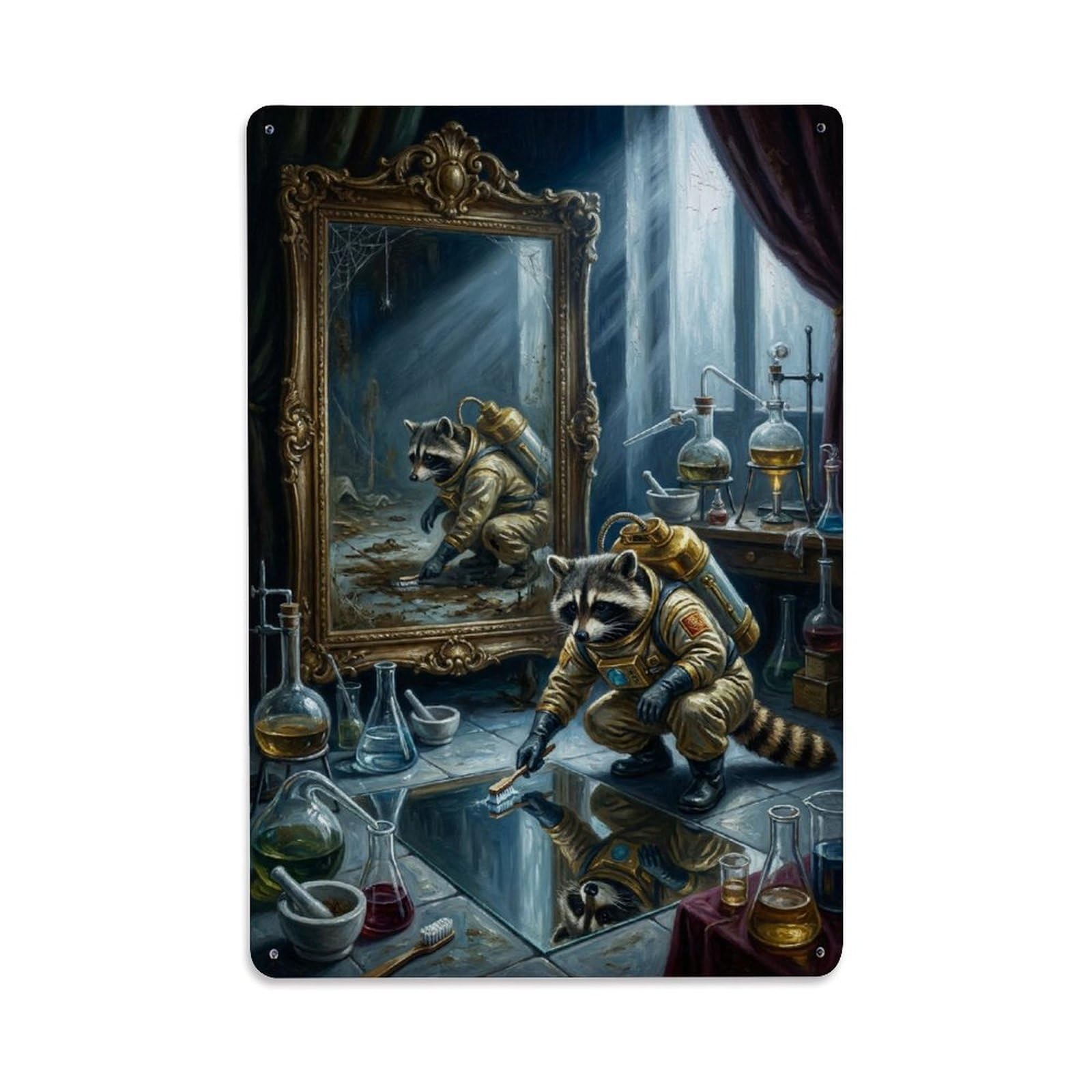 Surreal Vintage Raccoon Mirror Laboratory Satire Animal Dark Metal Tin Sign Plaque Wall Decor for Cafe, Man Cave, Club Bar, Office, Home Garden Round Metal Poster 8x12Inch