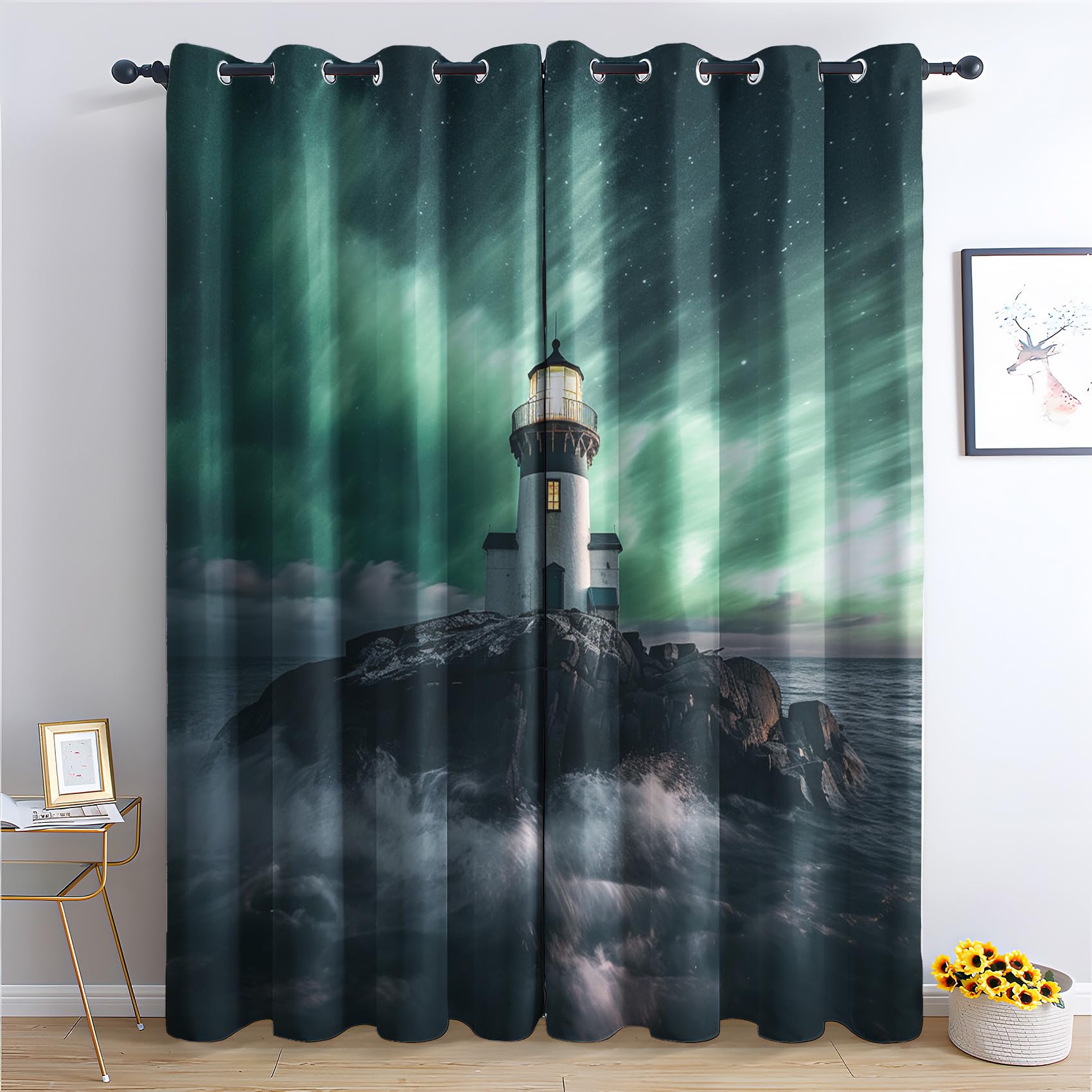 QEODAH Lighthouse Curtains 213cm Drop, Nautical Ocean Wave Northern Lights Patterned Blackout Curtains for Bedroom, Living Room Decor, Soft Thermal Insulated Eyelet Drapes for Windows - 2 Panels