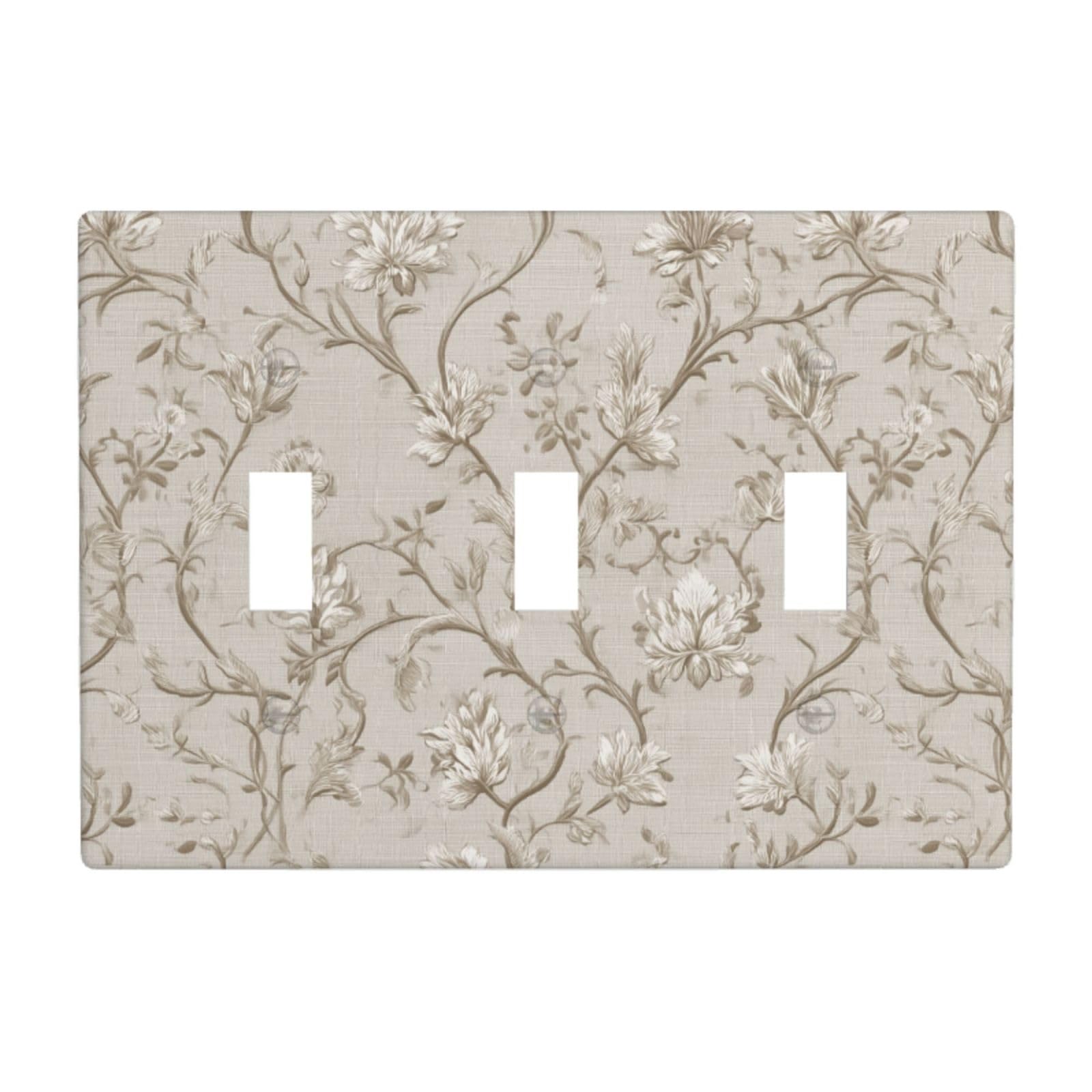 Woshuwo White Damask Vines Beige Motif Light Switch Covers 3 Gang Triple Toggle Wall Plate Switchplate Electrical Faceplate For Bathroom Kitchen Bedroom Decor