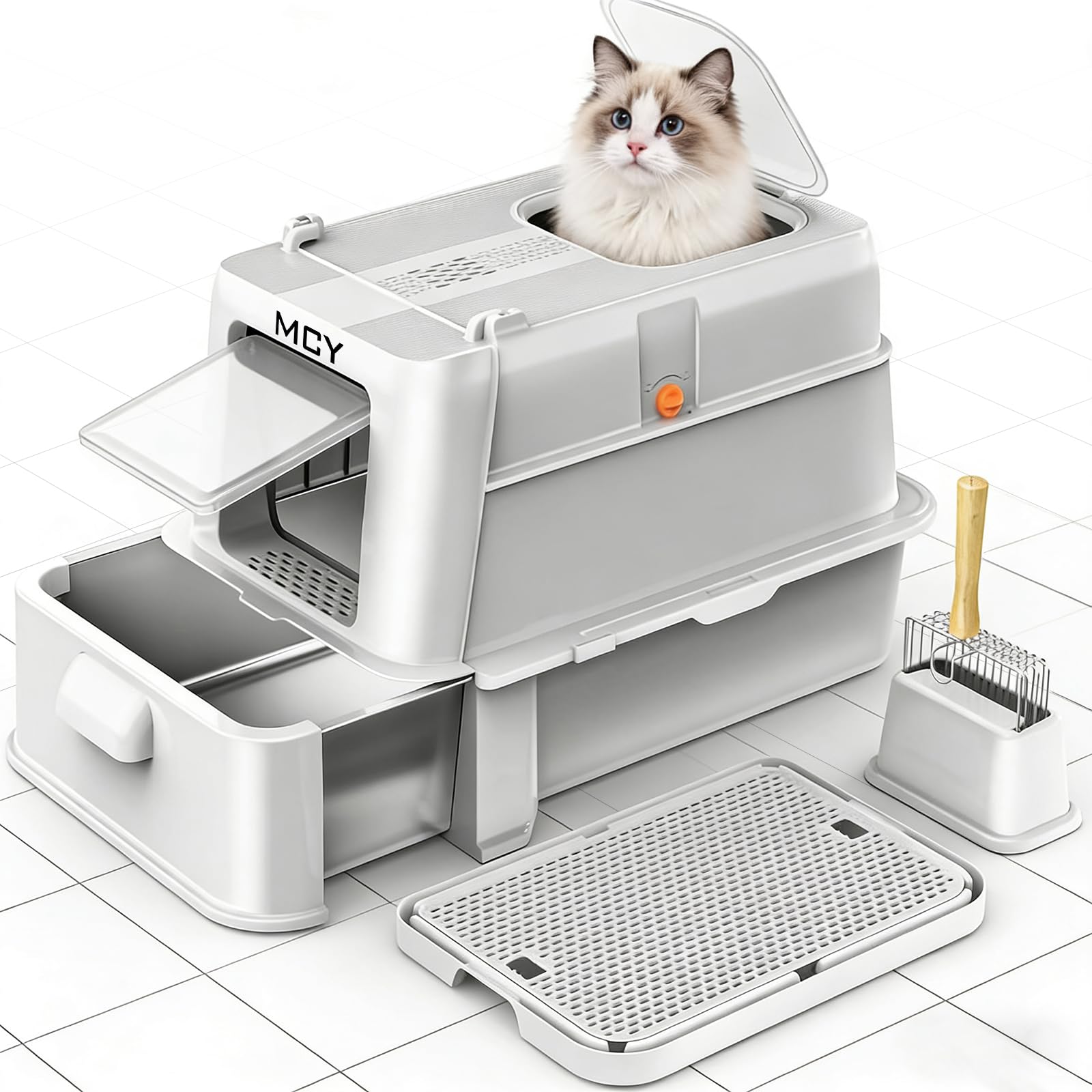 MCY Enclosed Stainless Steel Cat Litter Box with Odor Control, Extra Large Size Metal Cat Box Fits All Cats, Top Exit Kitty Litter Box Includes Scoop, Filter Pedal, Easy Cleaning(Light Gray)