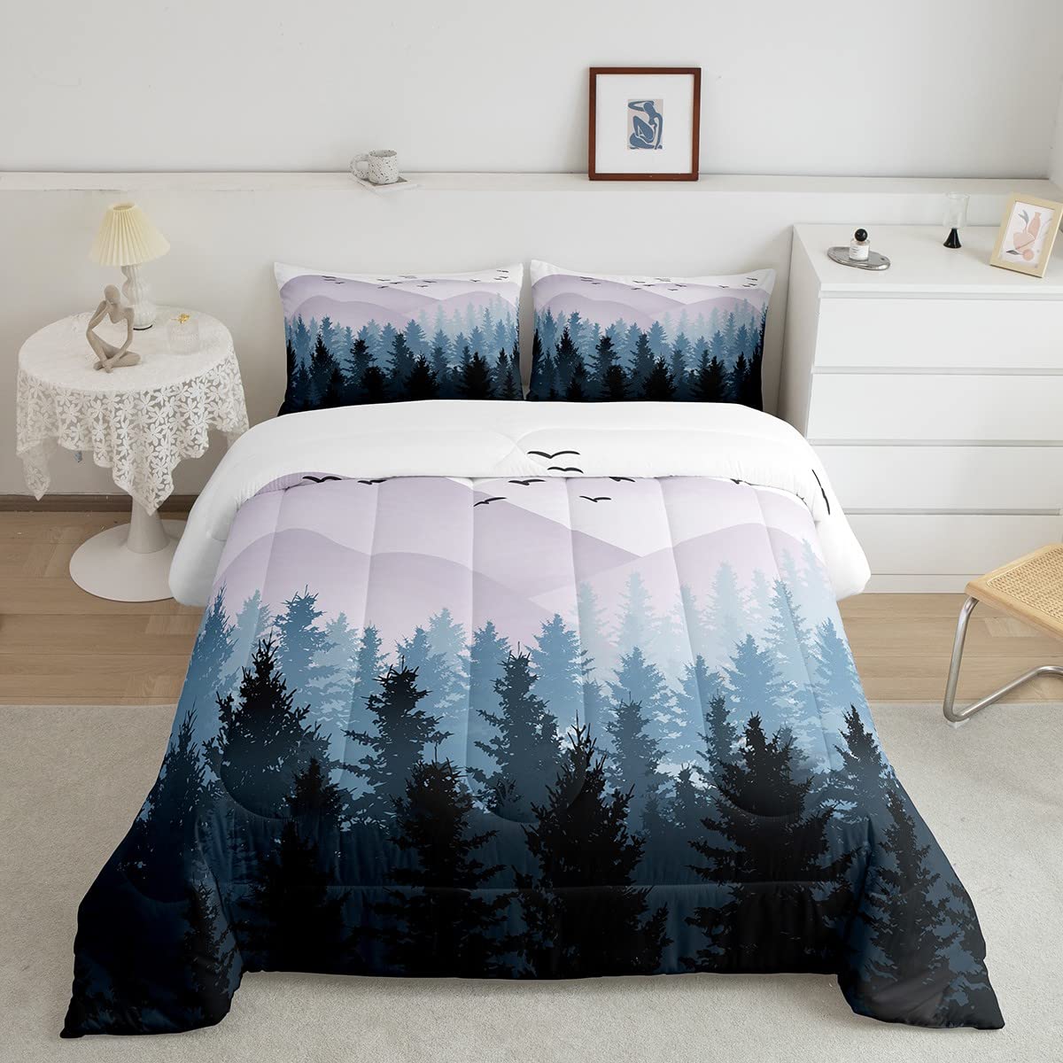 Feelyou Kids Nature Comforter Blue White Tree Mountain Comforter Set Twin Size for Women Men Natural WoodlDecor Bedding Set Wild Comforter with 1 Pillow Case Boys