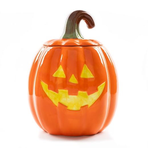 Dolomite Ceramic 10.5 x 7.9 Halloween Cookie & Candy Jar with Airtight Lid: Perfect for Kitchen Canisters, Pet Treat Containers & Fall Decorative Candy Dish, Pumpkin Jack-O-Lantern